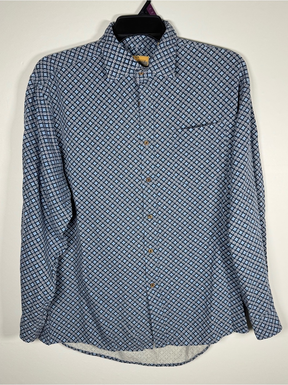 BOBBY CHAN Men’s Blue Checked Silk Button Up Shirt Sz L